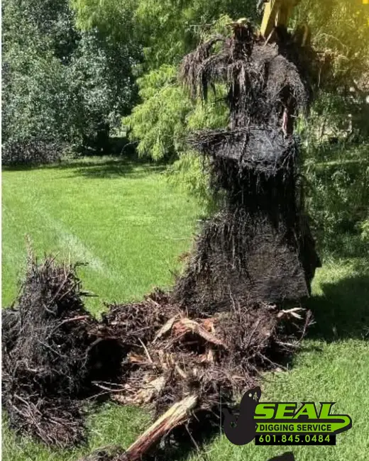 Tree root balls extracted from a septic system laid out on a mown lawn by Seal Digging Service