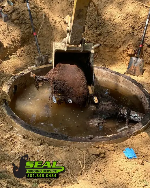 A tracked excavator bucket lifting a mass of tree roots out of an opened septic tank